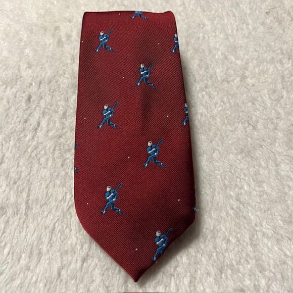 Mark & Fore Strke Maroon Baseball Print Neck Silk Tie - Picture 2 of 5
